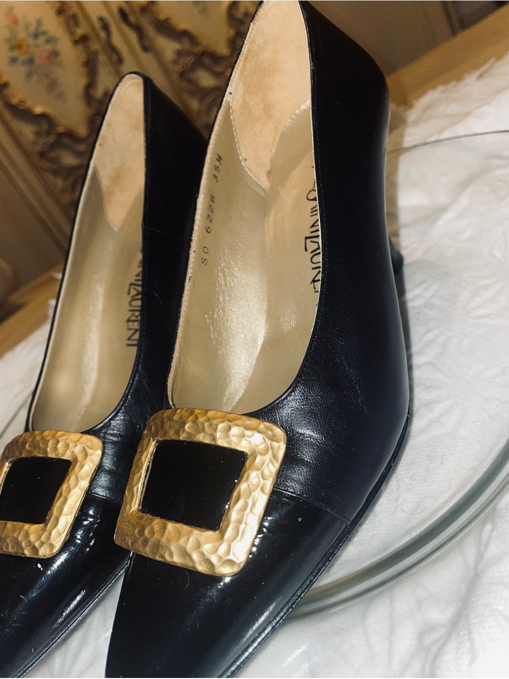 Yves Saint Laurent Black Leather Flats with Gold Hammered Buckle